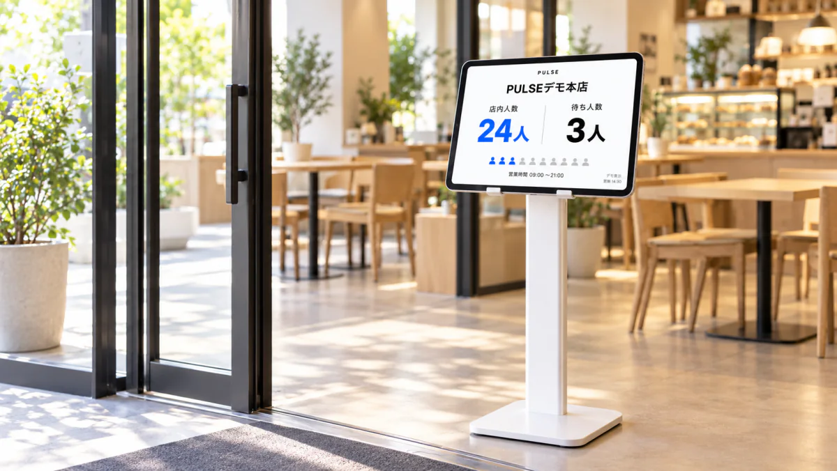 カフェの入口に置いたスタンドのタブレットに、店内人数24人・待ち3人の表示。